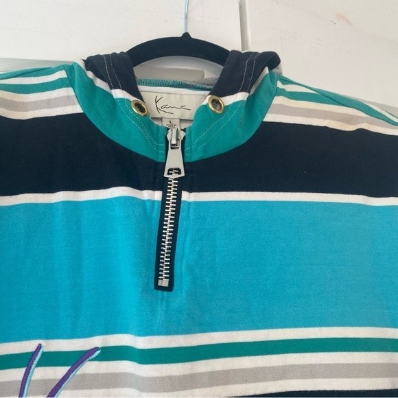 Kani size Large 80s style Surfer Stripe Kangaroo Pocket Cover Up Hooded T Shirt - Picture 4 of 9